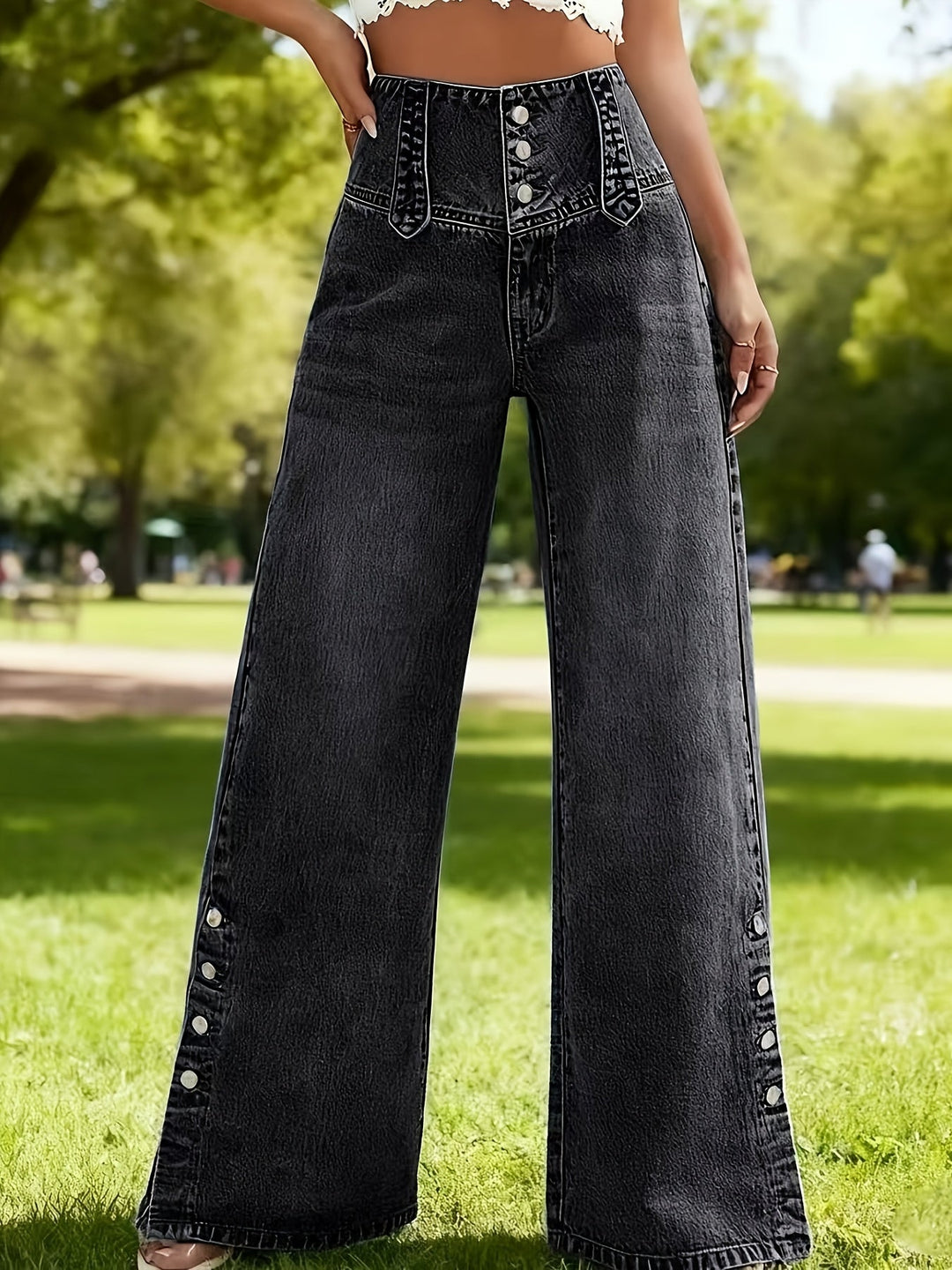 Rosalinda | Pantaloni Donna in Denim Scuro a Vita Alta e Gamba Larga