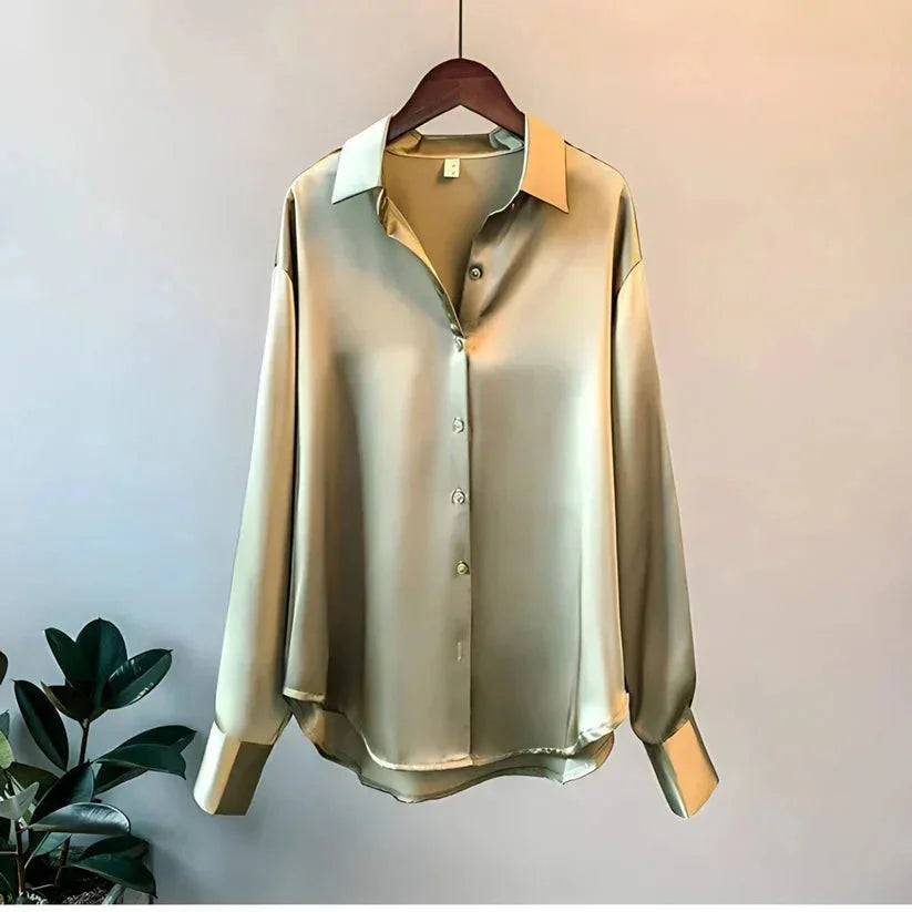 Camicia da donna in raso con bottoni, elegante a maniche lunghe