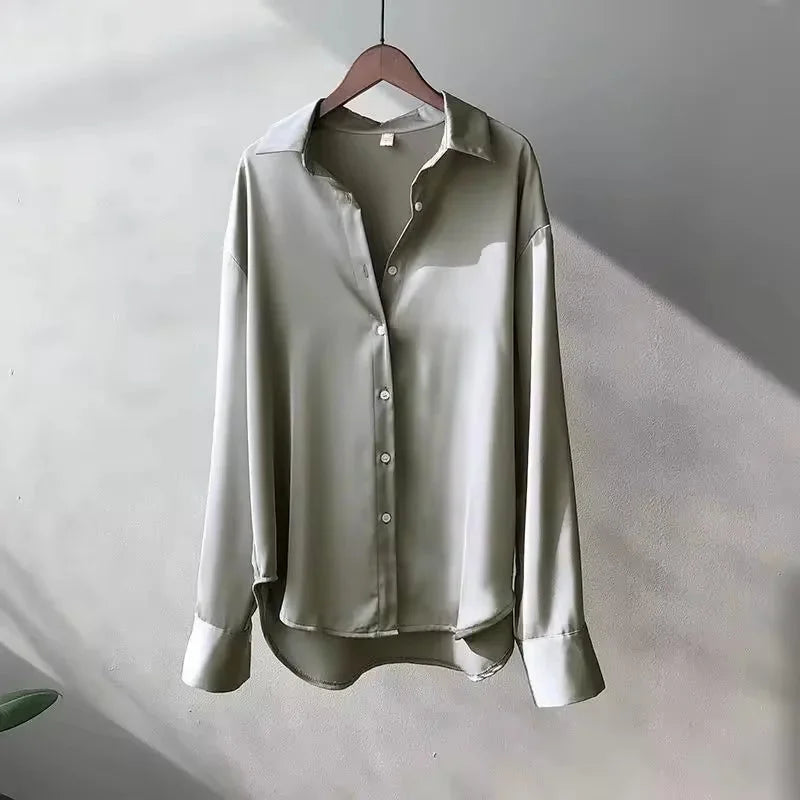 Camicia da donna in raso con bottoni, elegante a maniche lunghe