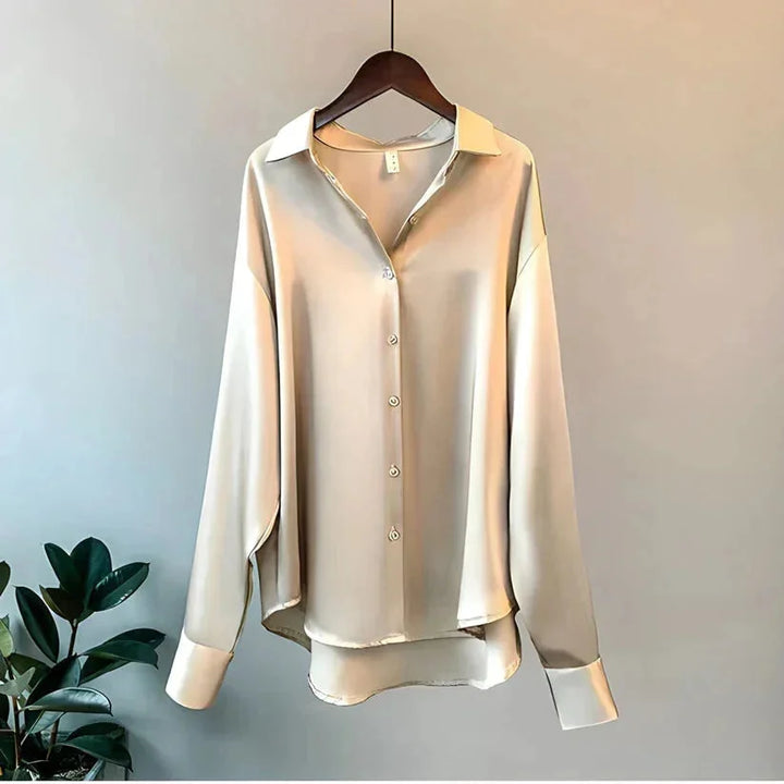 Camicia da donna in raso con bottoni, elegante a maniche lunghe