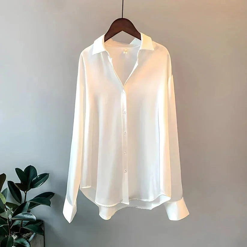 Camicia da donna in raso con bottoni, elegante a maniche lunghe