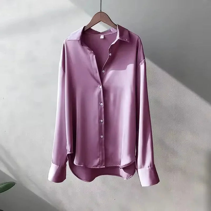 Camicia da donna in raso con bottoni, elegante a maniche lunghe