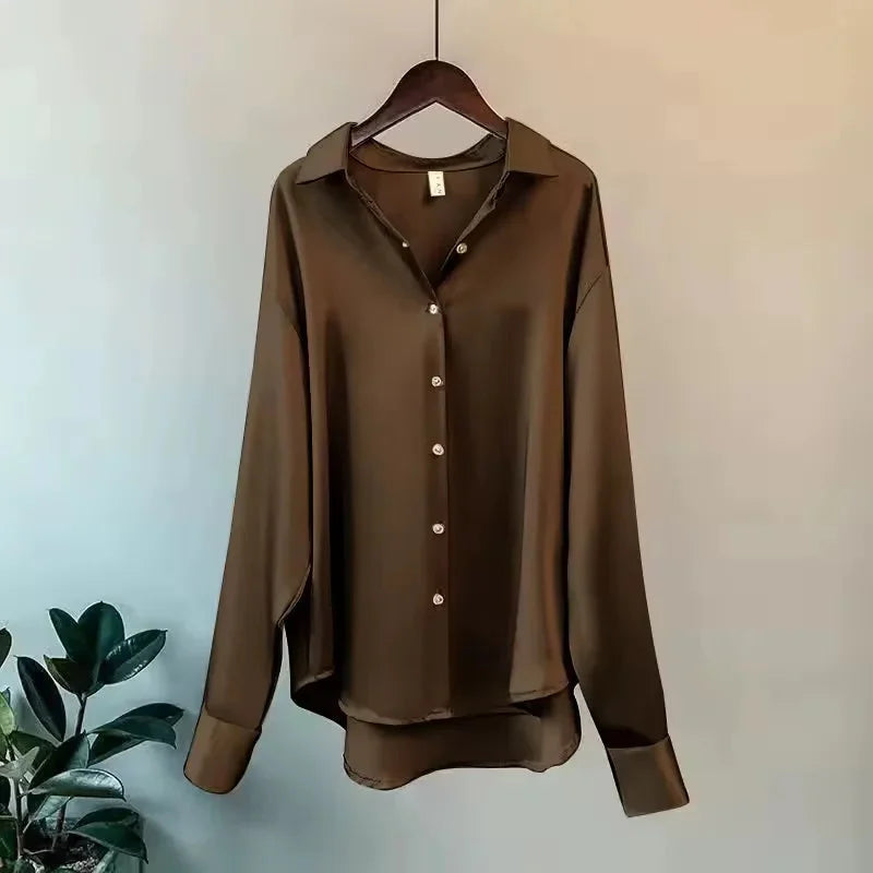 Camicia da donna in raso con bottoni, elegante a maniche lunghe