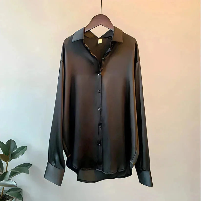 Camicia da donna in raso con bottoni, elegante a maniche lunghe