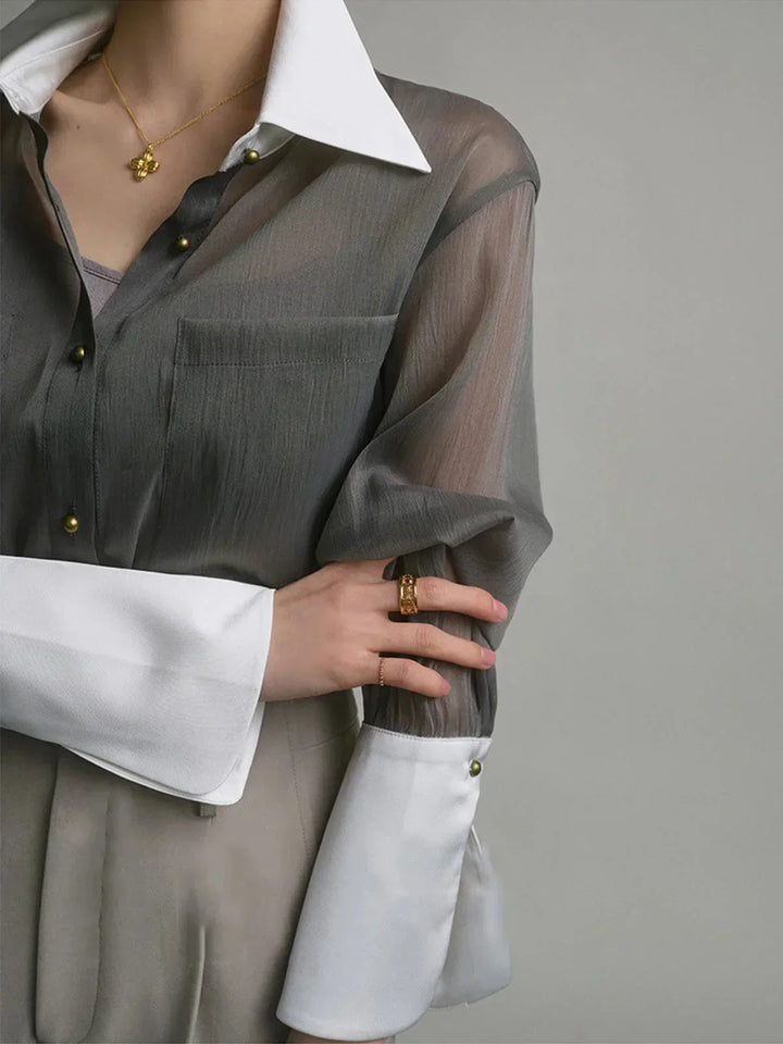 Camicia donna trasparente Manica lunga collo e polsini a contrasto