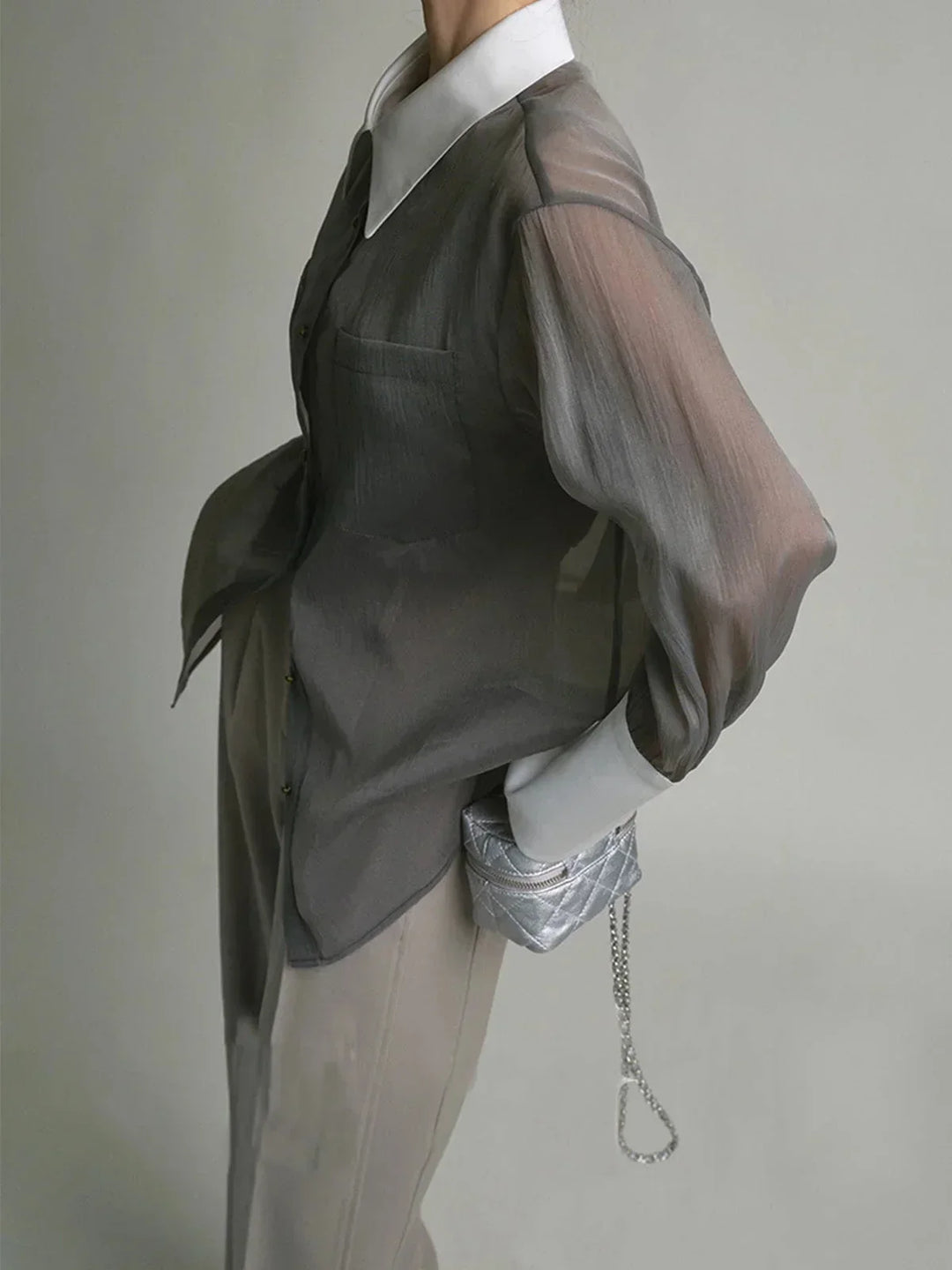 Camicia donna trasparente Manica lunga collo e polsini a contrasto