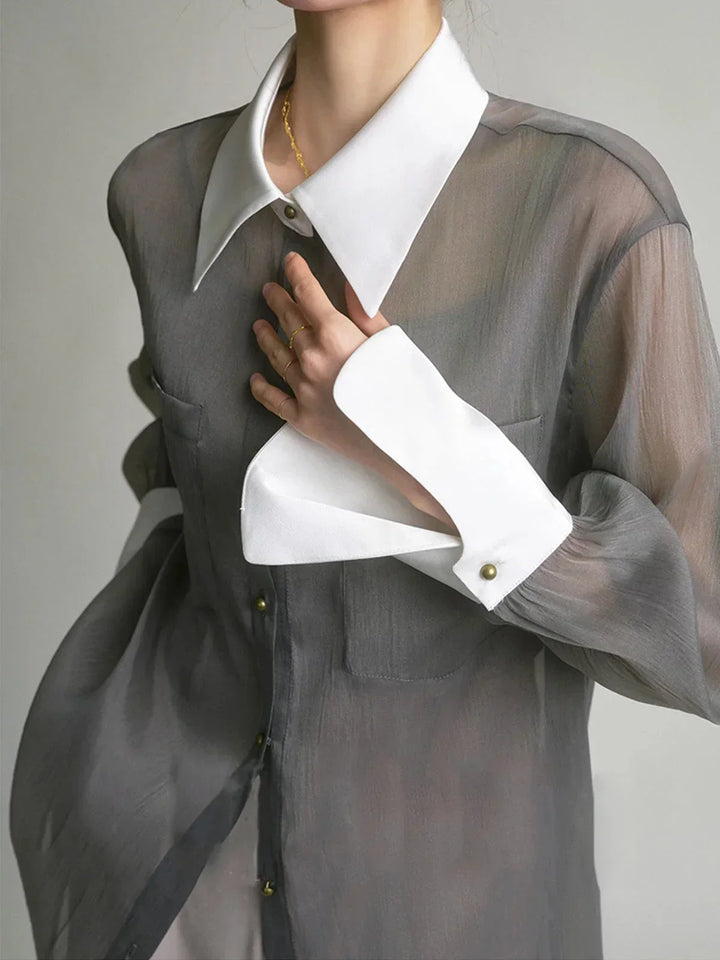 Camicia donna trasparente Manica lunga collo e polsini a contrasto