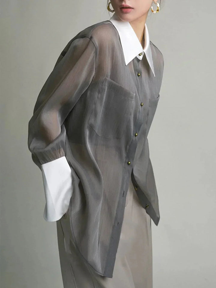 Camicia donna trasparente Manica lunga collo e polsini a contrasto