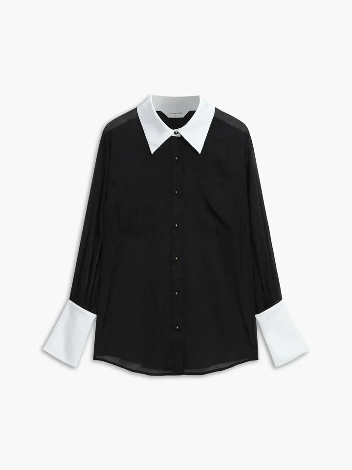 Camicia donna trasparente Manica lunga collo e polsini a contrasto