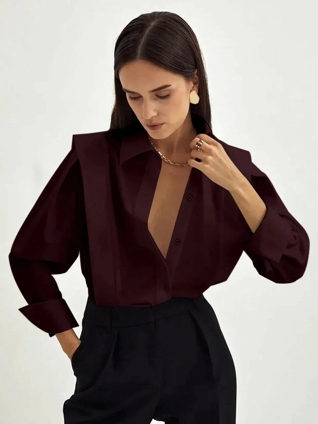 Camicia donna bianca oversize con Spalle strutturate scollo a V