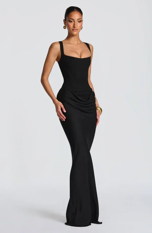 Vestito lungo donna bustier strutturato scollo quadrato drappeggiato