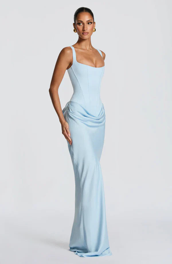 Vestito lungo donna bustier strutturato scollo quadrato drappeggiato