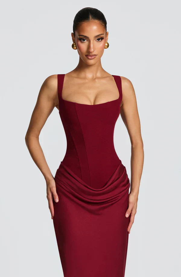 Vestito lungo donna bustier strutturato scollo quadrato drappeggiato