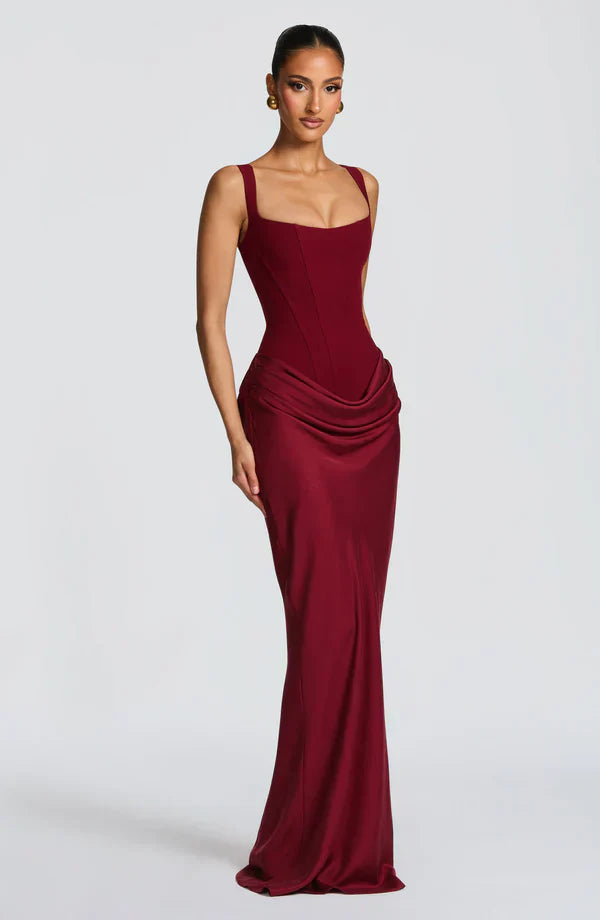 Vestito lungo donna bustier strutturato scollo quadrato drappeggiato