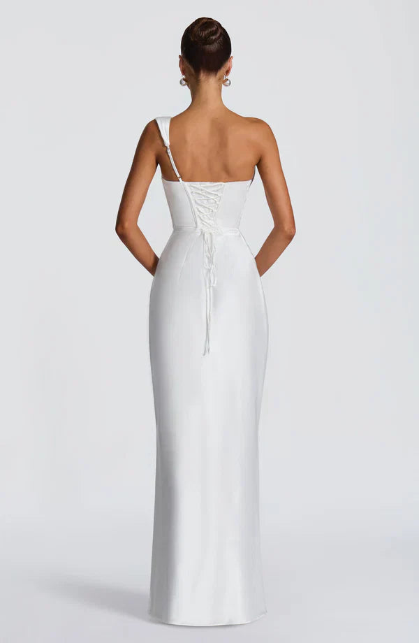 Vestito lungo da donna asimmetrico drappeggiato bustier a tubino schiena con lacci