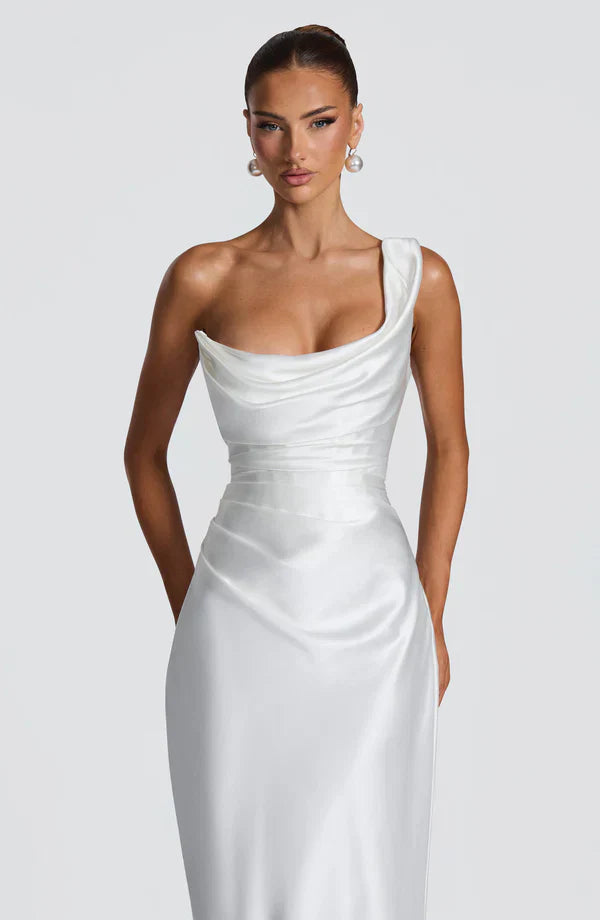 Vestito lungo da donna asimmetrico drappeggiato bustier a tubino schiena con lacci