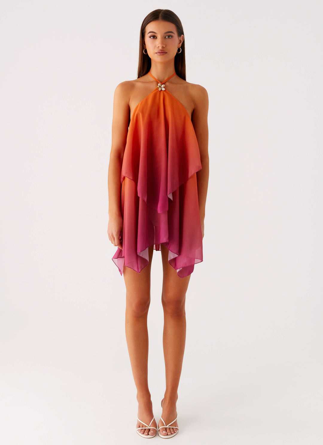 Vestito corto donna multicolore collo all'americana fluido con volant