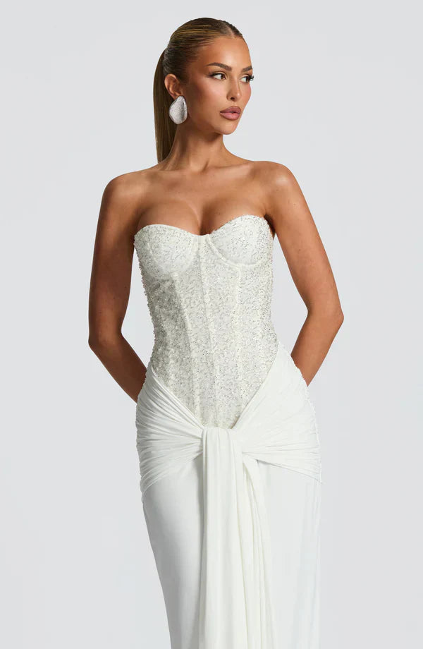 Vestito lungo donna bustier perlinato senza spalline vita annodata drappeggiata