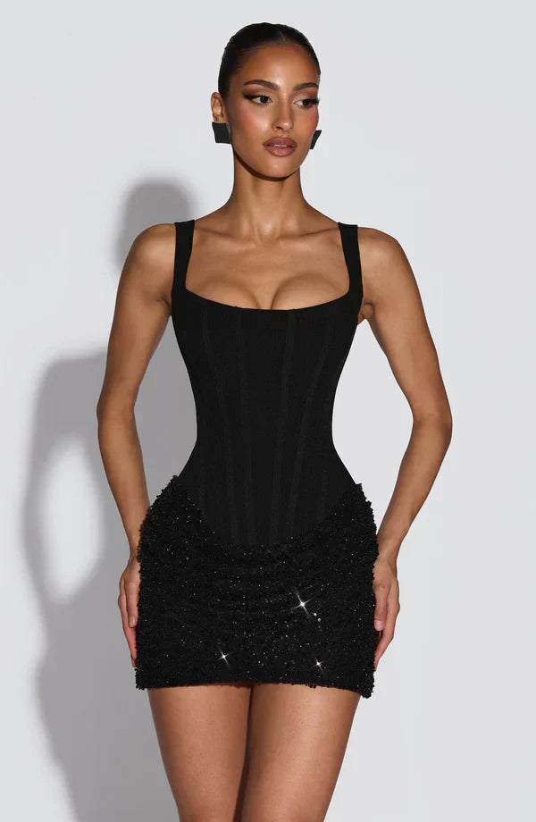 Abito midi donna con scollo quadrato, corpetto strutturato, gonna ricamata con paillettes