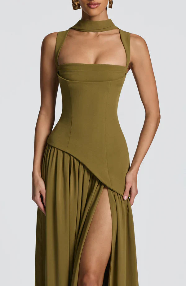Vestito lungo da donna con girocollo, scollatura dritta, vita asimmetrica e schiena con lacci