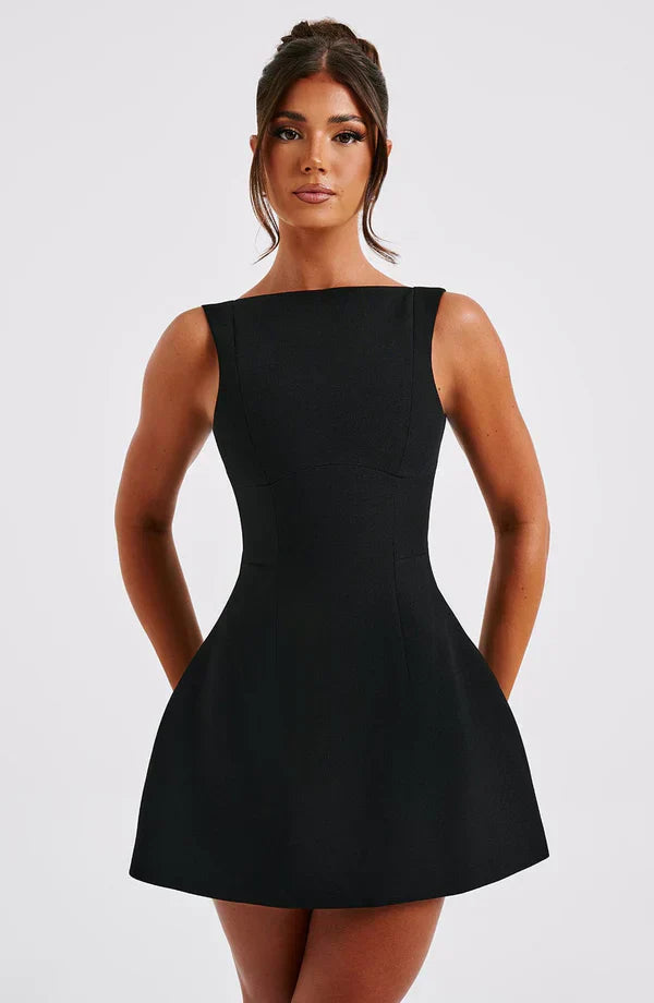 Vestito corto da donna con scollo a barca, schiena scoperta, gonna svasata, senza maniche, con tasche