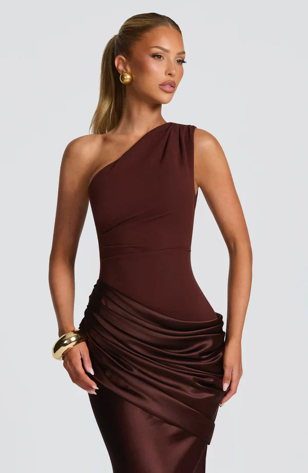 Vestito lungo donna asimmetrico monospalla drappeggiato a tubino