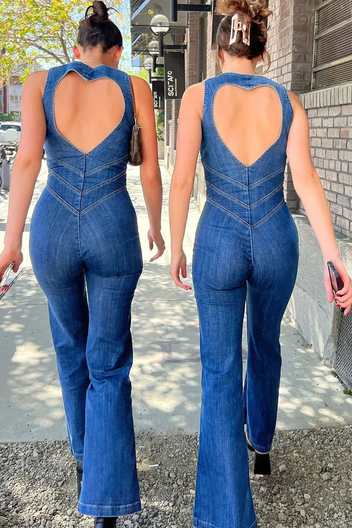 Tuta in denim da donna con scollatura profonda blu