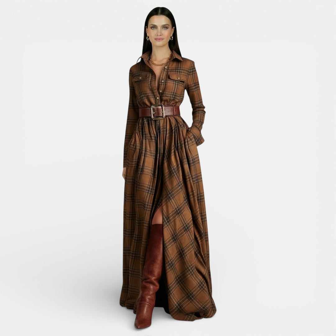 Vestito lungo da donna multicolore a quadri, maniche lunghe, colletto a camicia