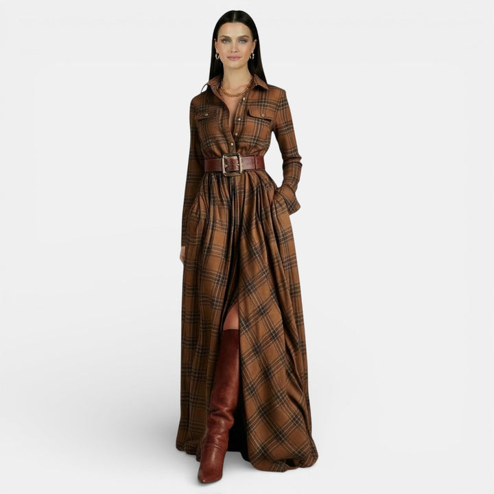 Vestito lungo da donna multicolore a quadri, maniche lunghe, colletto a camicia