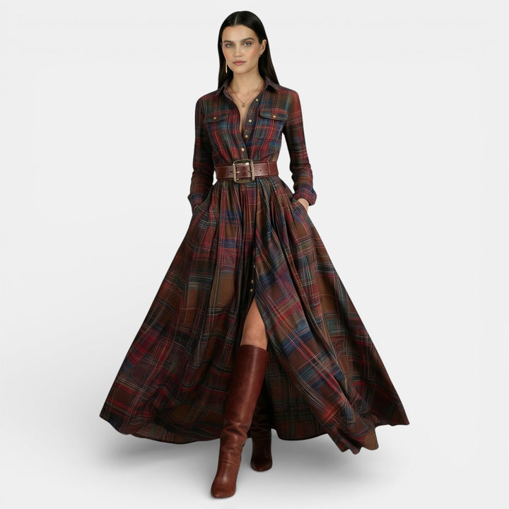 Vestito lungo da donna multicolore a quadri, maniche lunghe, colletto a camicia
