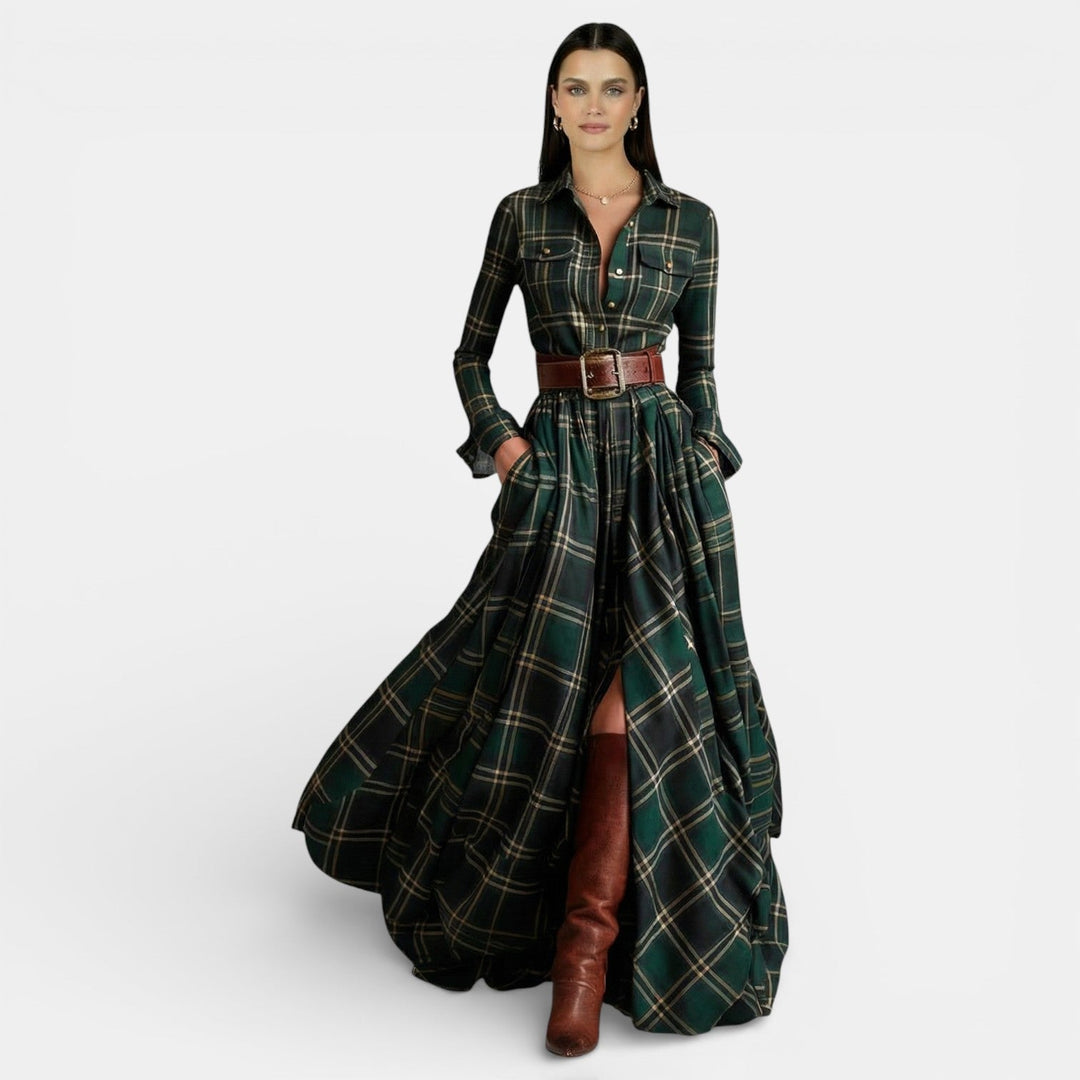 Vestito lungo da donna multicolore a quadri, maniche lunghe, colletto a camicia