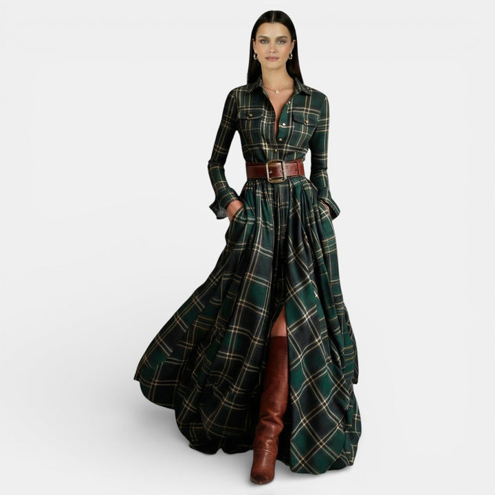 Vestito lungo da donna multicolore a quadri, maniche lunghe, colletto a camicia