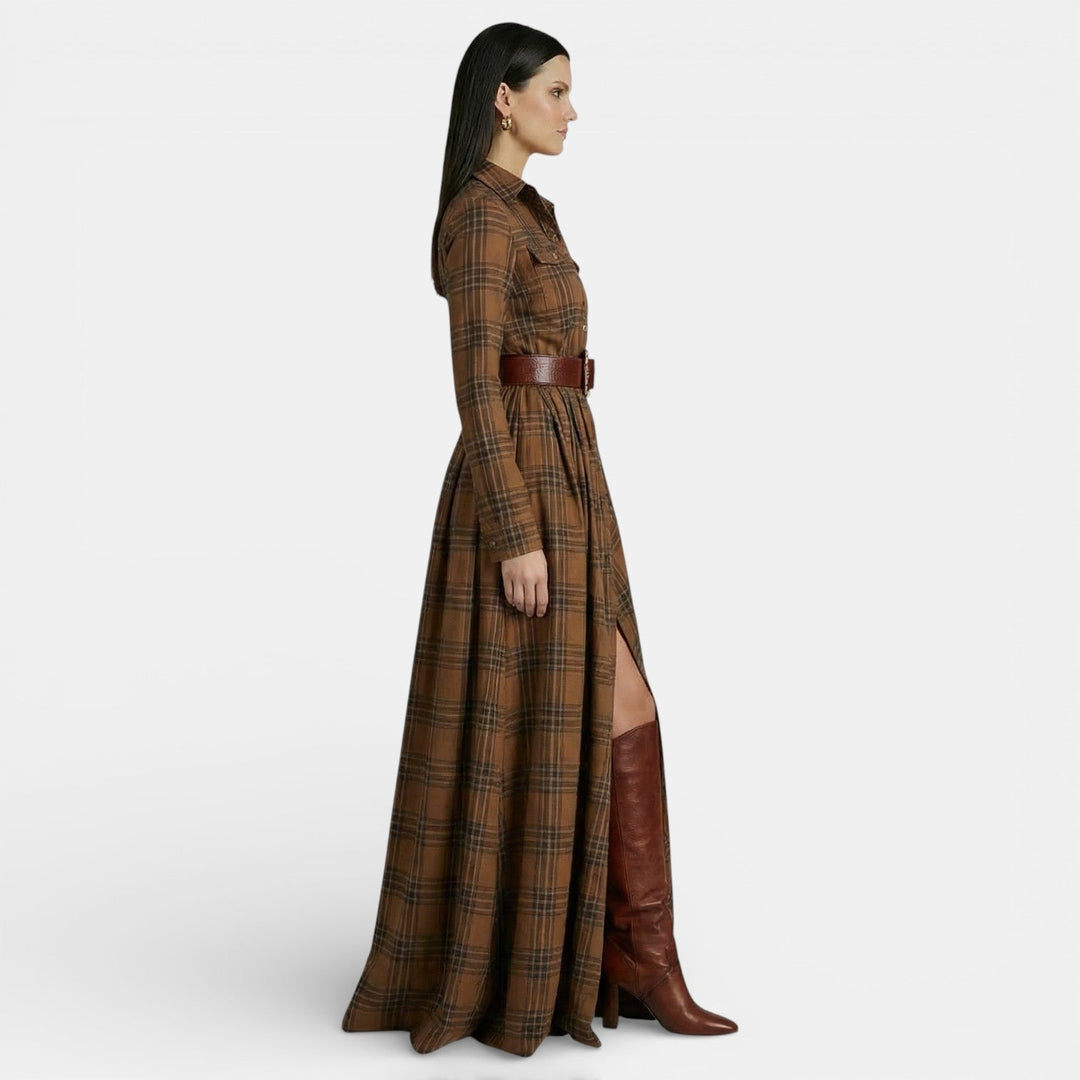 Vestito lungo da donna multicolore a quadri, maniche lunghe, colletto a camicia