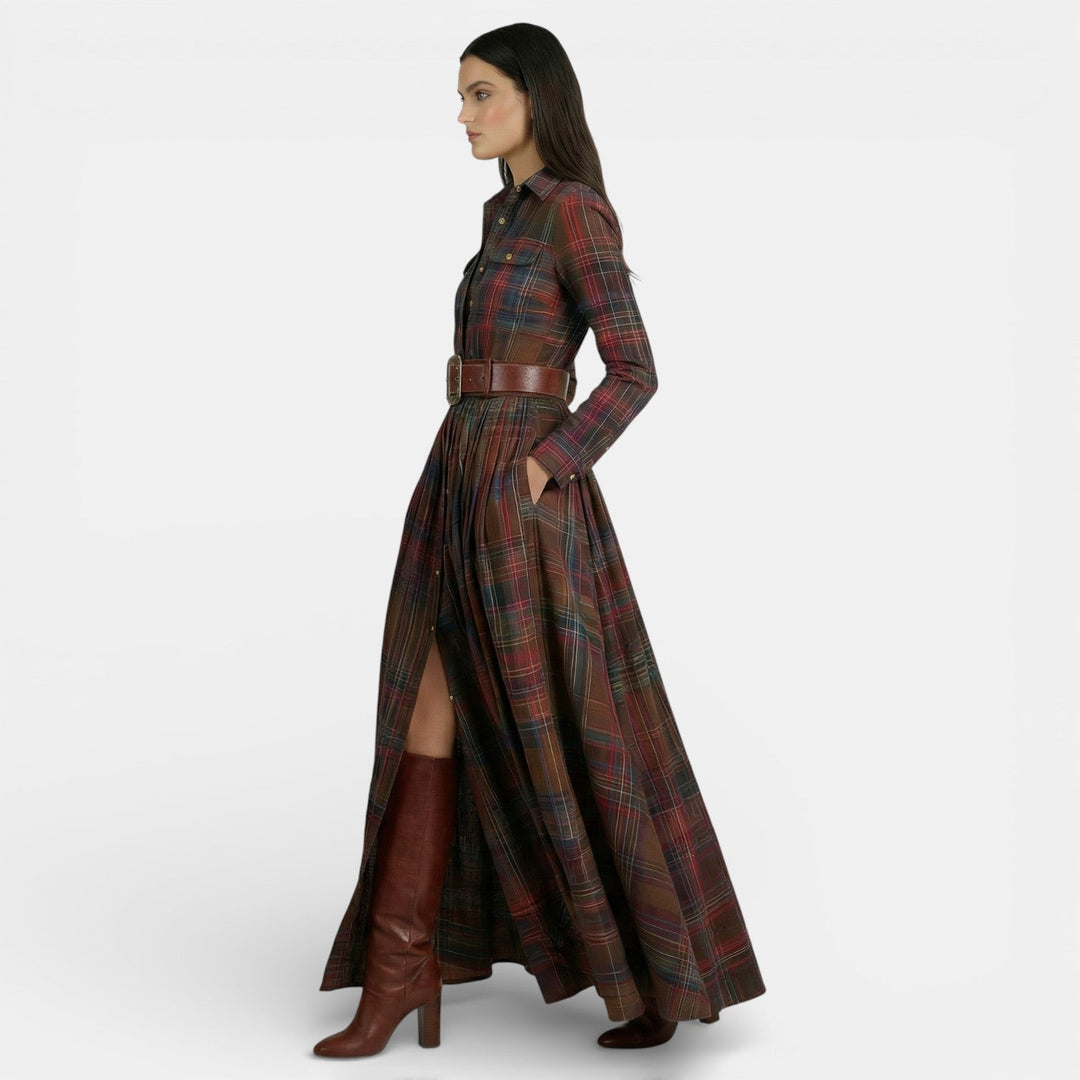 Vestito lungo da donna multicolore a quadri, maniche lunghe, colletto a camicia