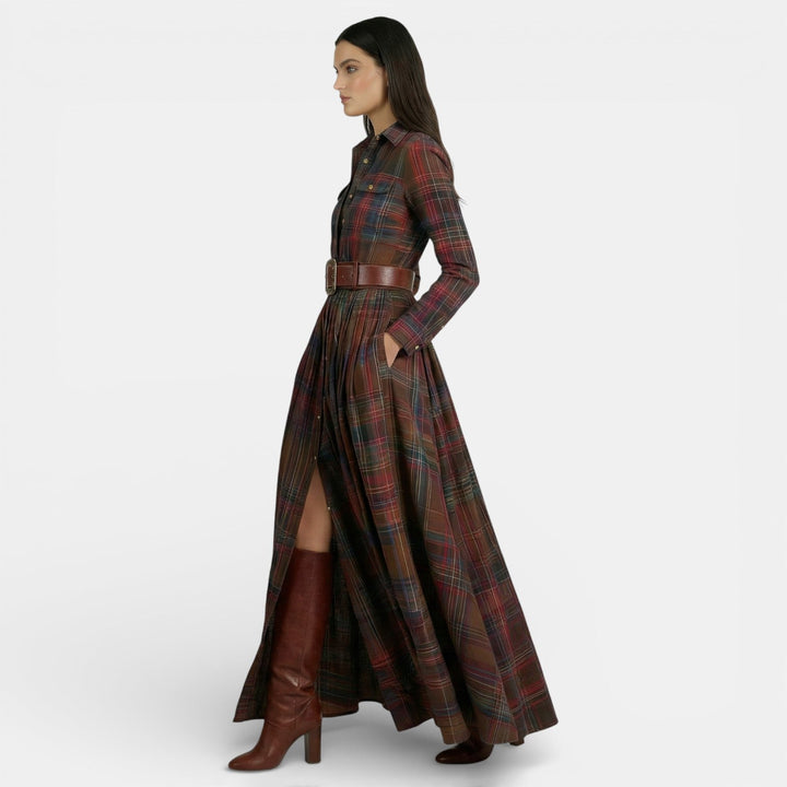 Vestito lungo da donna multicolore a quadri, maniche lunghe, colletto a camicia