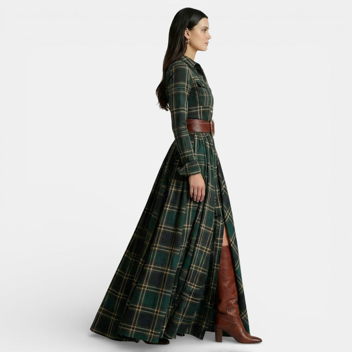 Vestito lungo da donna multicolore a quadri, maniche lunghe, colletto a camicia
