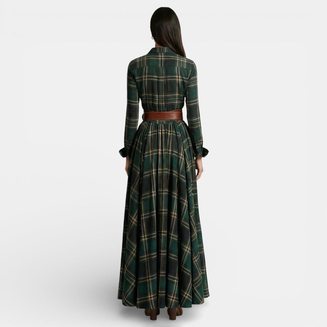 Vestito lungo da donna multicolore a quadri, maniche lunghe, colletto a camicia