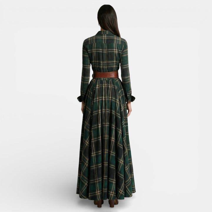 Vestito lungo da donna multicolore a quadri, maniche lunghe, colletto a camicia