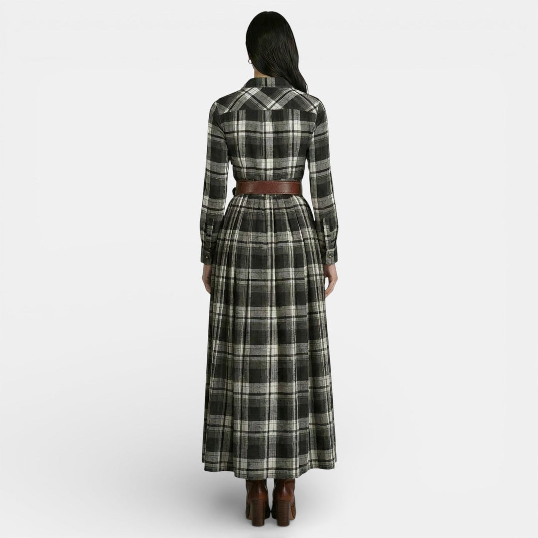 Vestito lungo da donna multicolore a quadri, maniche lunghe, colletto a camicia