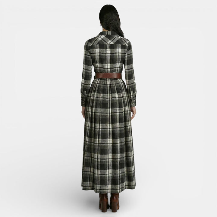 Vestito lungo da donna multicolore a quadri, maniche lunghe, colletto a camicia