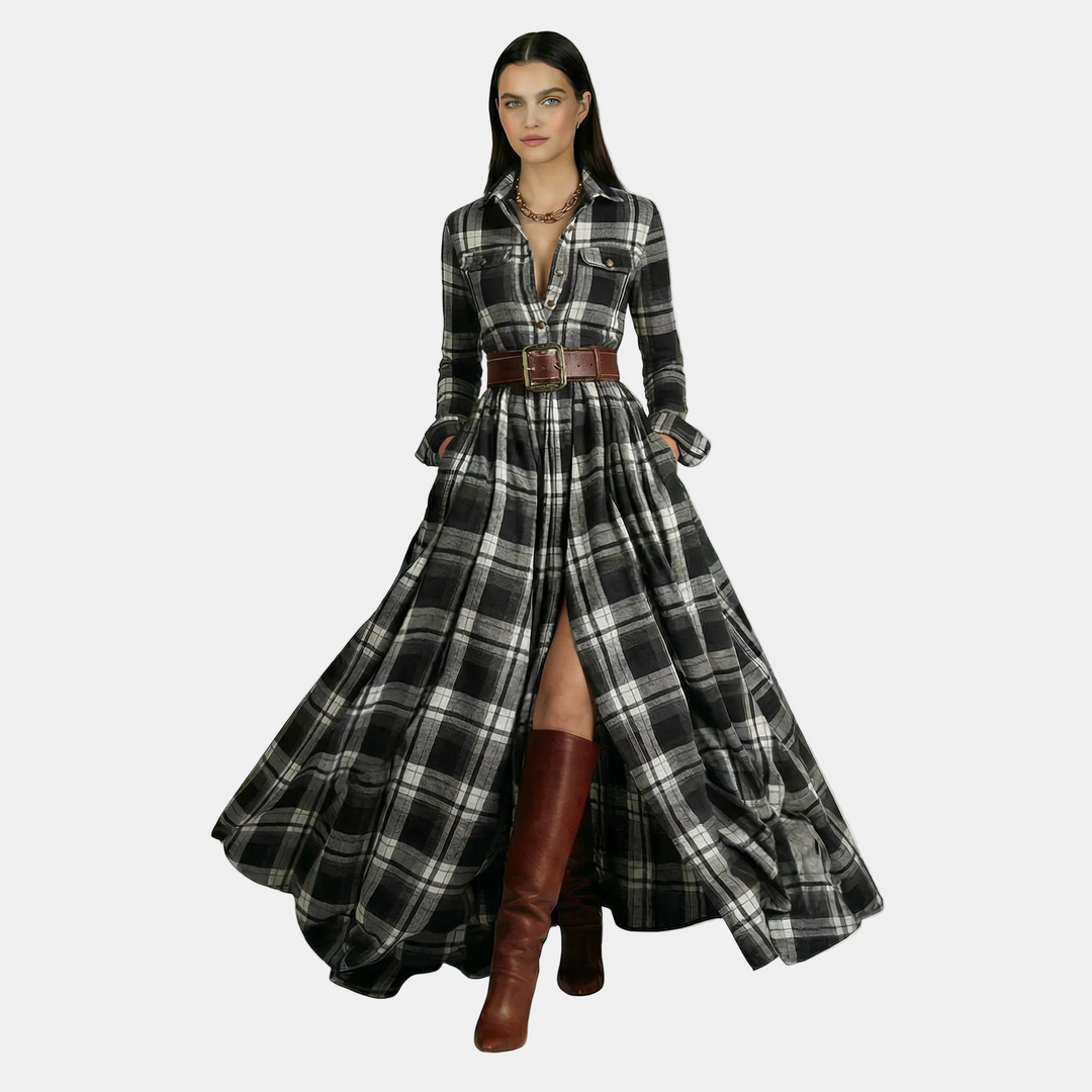 Vestito lungo da donna multicolore a quadri, maniche lunghe, colletto a camicia