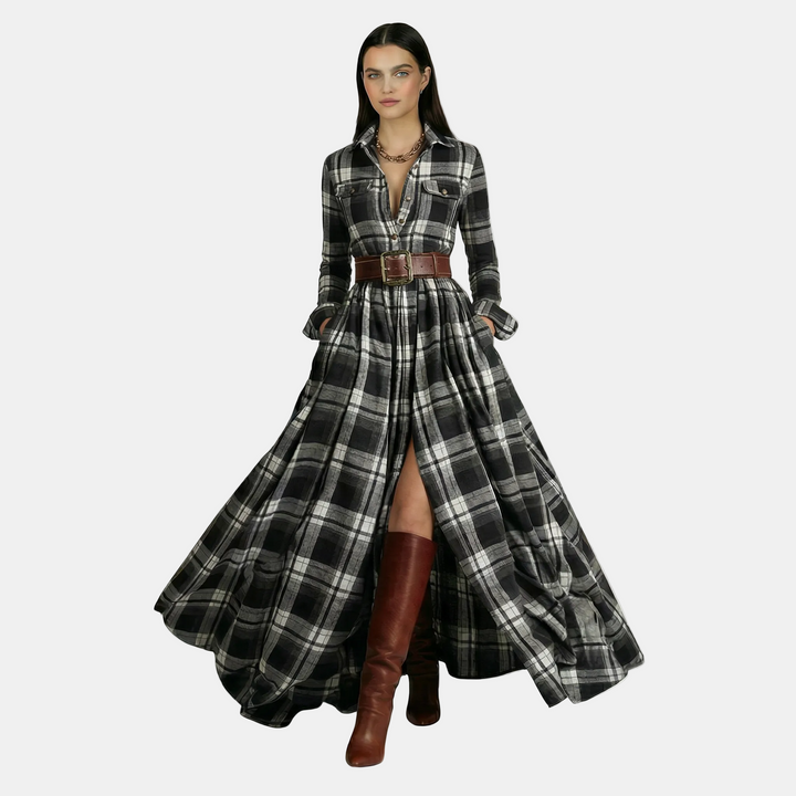 Vestito lungo da donna multicolore a quadri, maniche lunghe, colletto a camicia