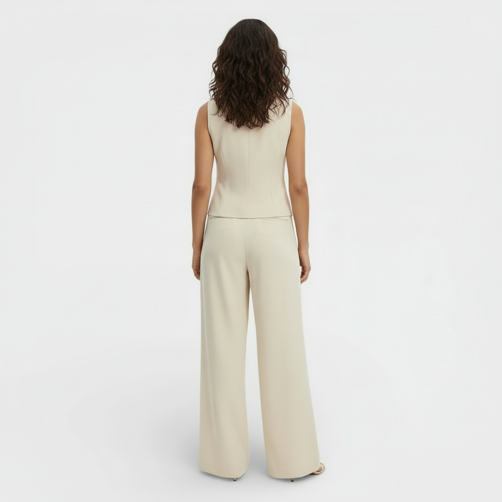 Completo da donna con gilet con scollo a V abbottonato e pantaloni a vita alta a gamba larga