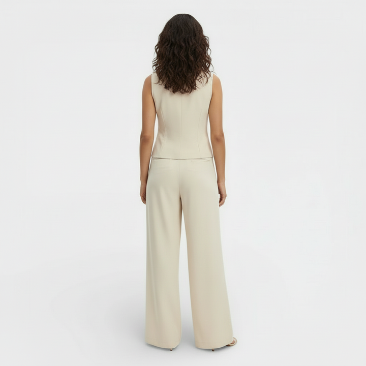 Completo da donna con gilet con scollo a V abbottonato e pantaloni a vita alta a gamba larga