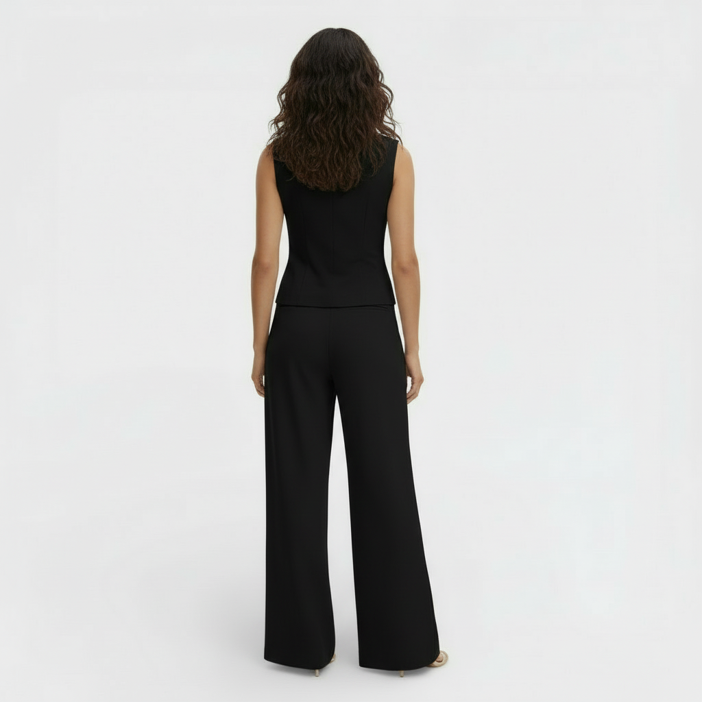 Completo da donna con gilet con scollo a V abbottonato e pantaloni a vita alta a gamba larga