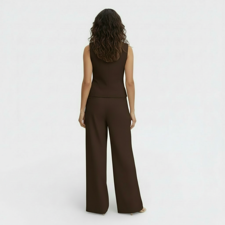Completo da donna con gilet con scollo a V abbottonato e pantaloni a vita alta a gamba larga