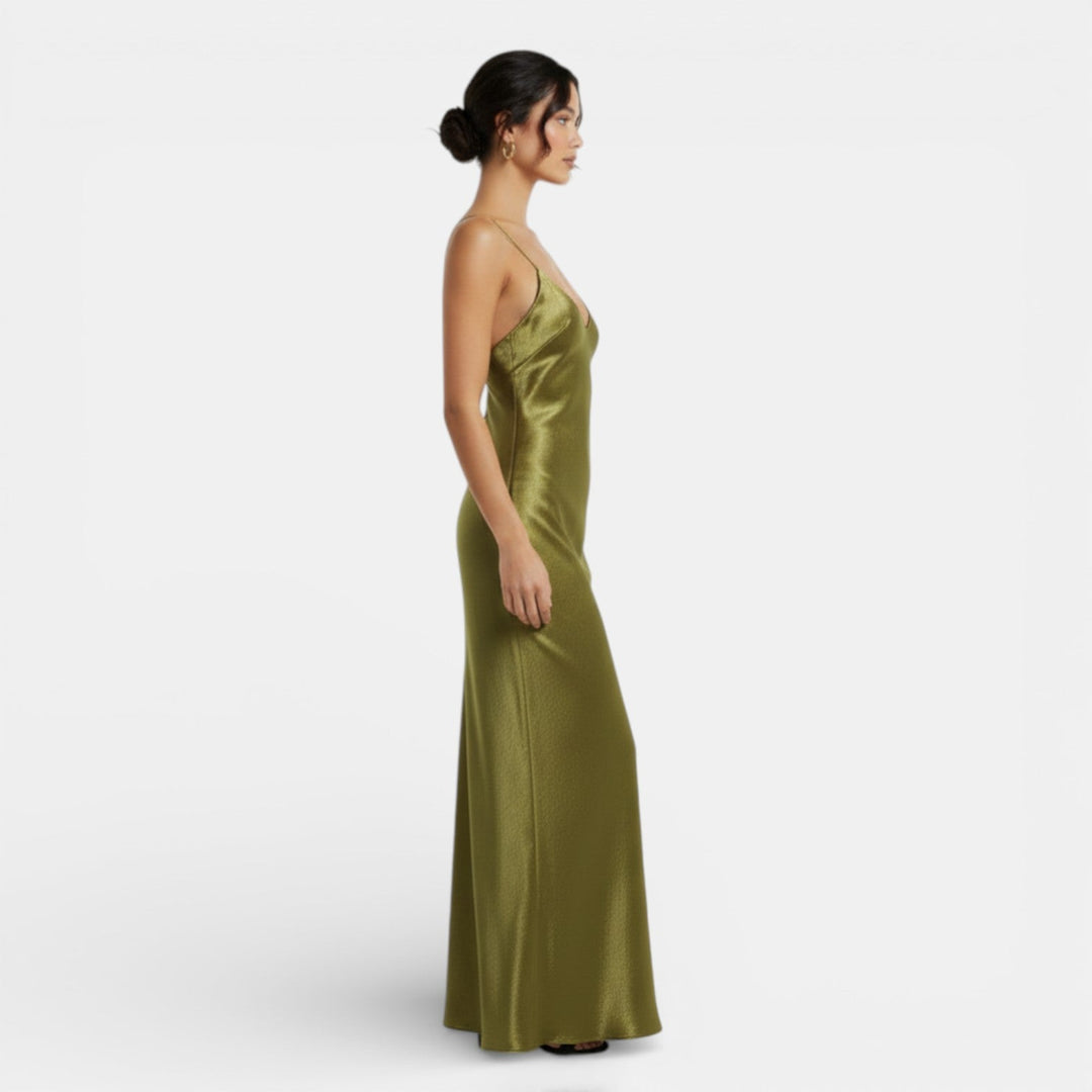 Vestito lungo da donna verde oliva, scollo a V, spalline sottili, schiena nuda