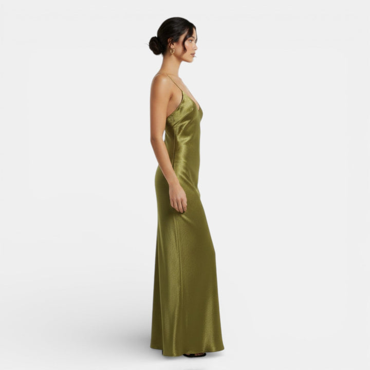 Vestito lungo da donna verde oliva, scollo a V, spalline sottili, schiena nuda
