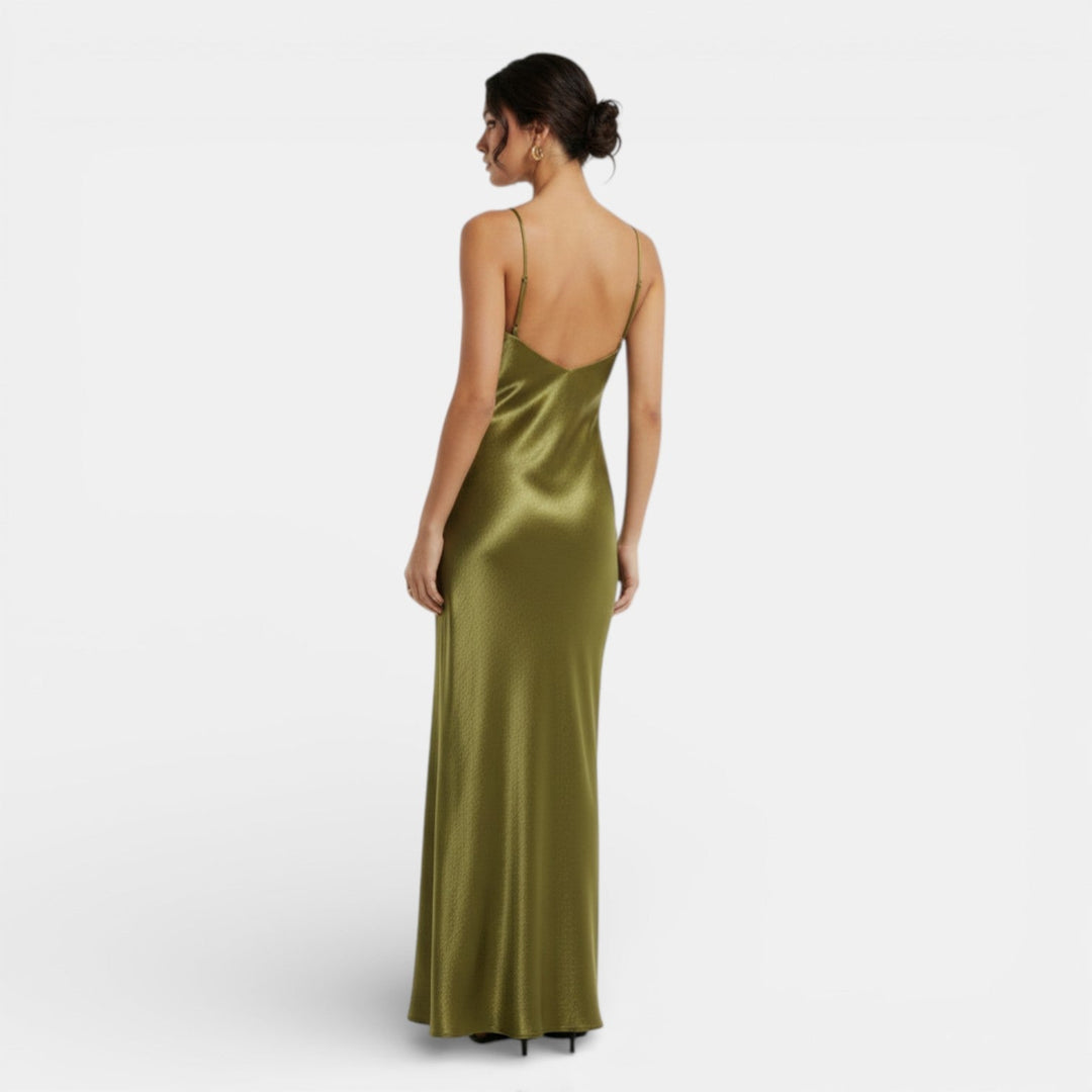 Vestito lungo da donna verde oliva, scollo a V, spalline sottili, schiena nuda