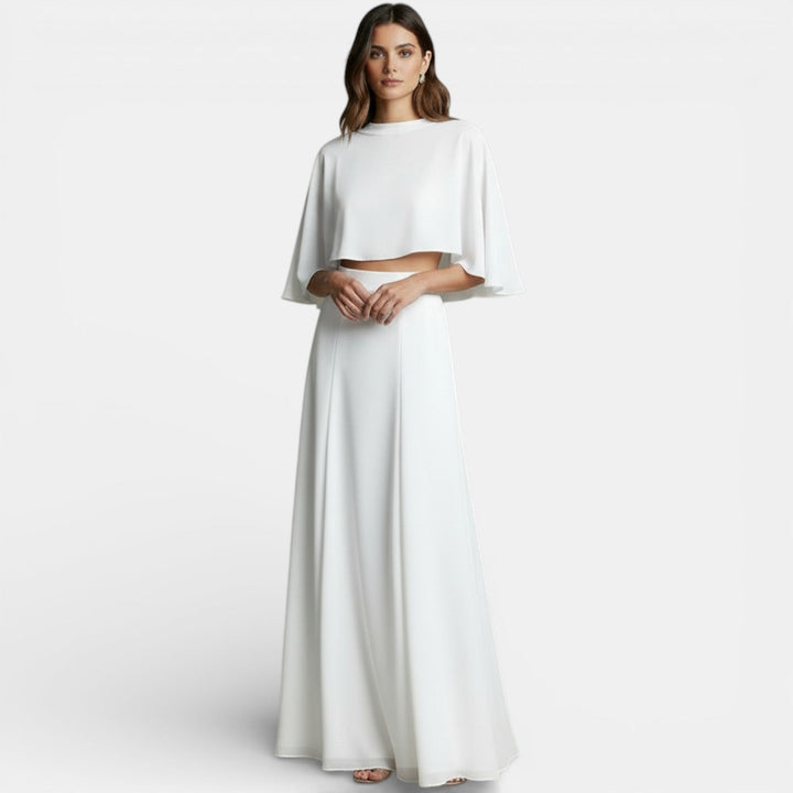 Completo donna con top corto a maniche a mantella, scollo rotondo, pantaloni ampi e fluidi